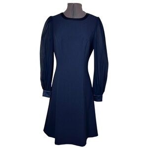 Vince Camuto Navy Chiffon Long Sleeve Classic Minimalist Fit & Flare  Dress 6